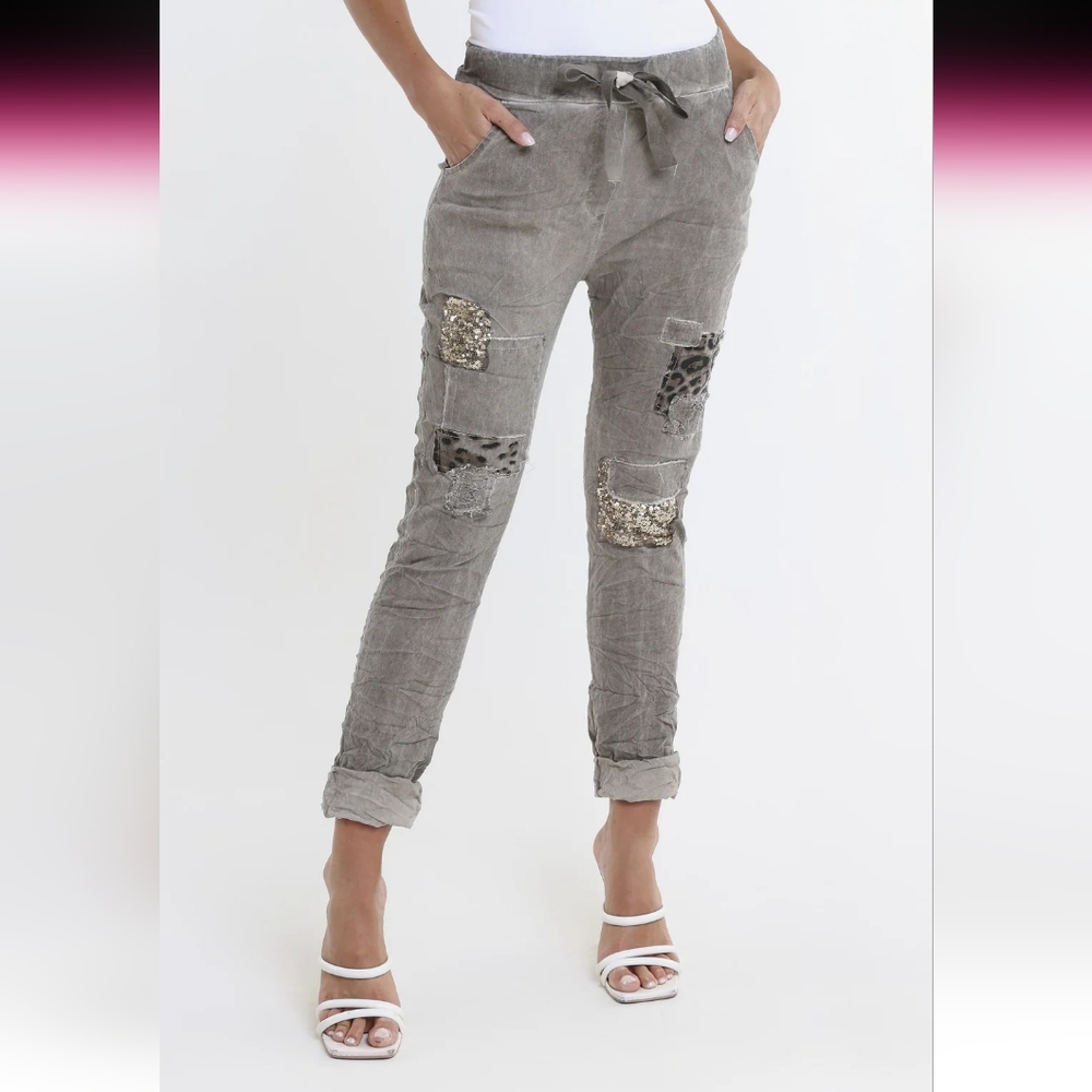 Made In Italty Gray Patchwork Stretchy Jeggings with Leopard and Sequin Accents
